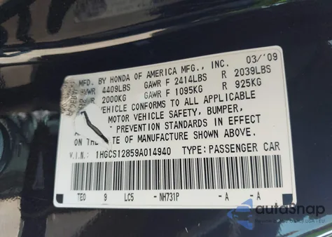 2009 Honda Accord 2.4 Ex-L from USA, damaged, VIN 1HGCS12859A014940